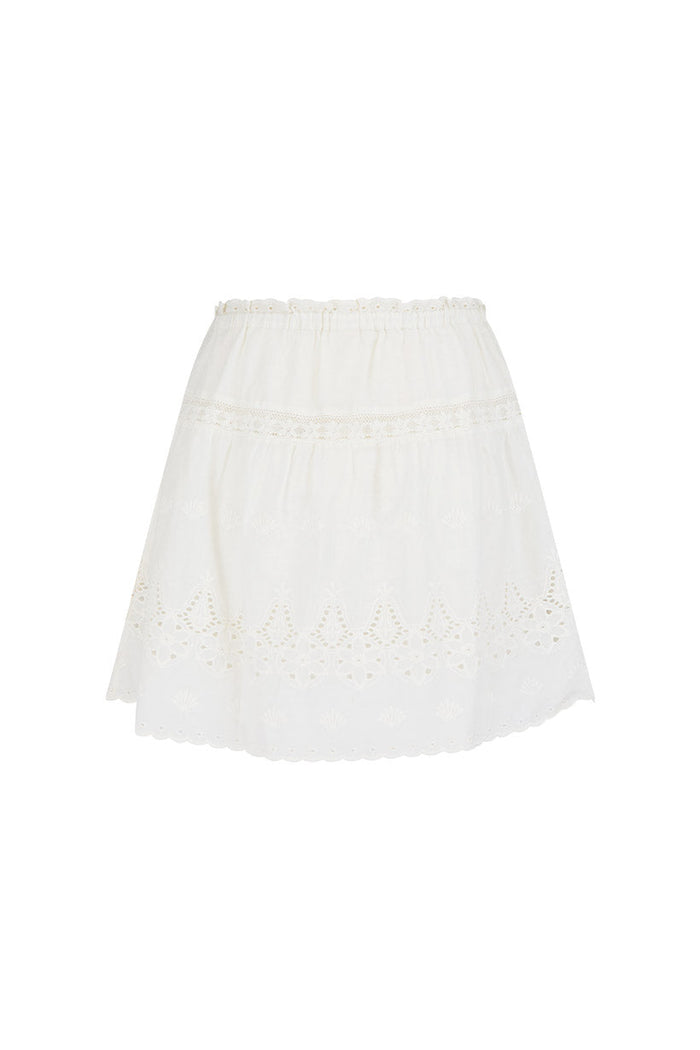 Maiden Lace Mini Skirt antique white back flat lay, broderie anglaise hem, inserted lace trim, elasticated waist
