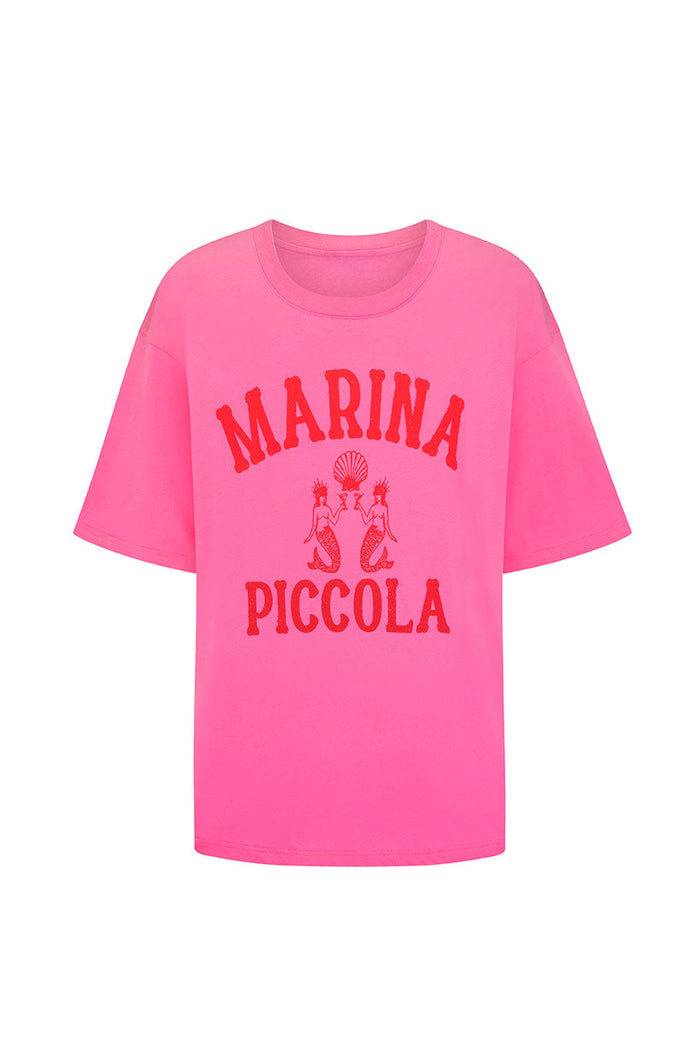 Model Piccola Oversized Biker Tee cosmos pink flat lay, red mermaid graphic print on front, crew neck