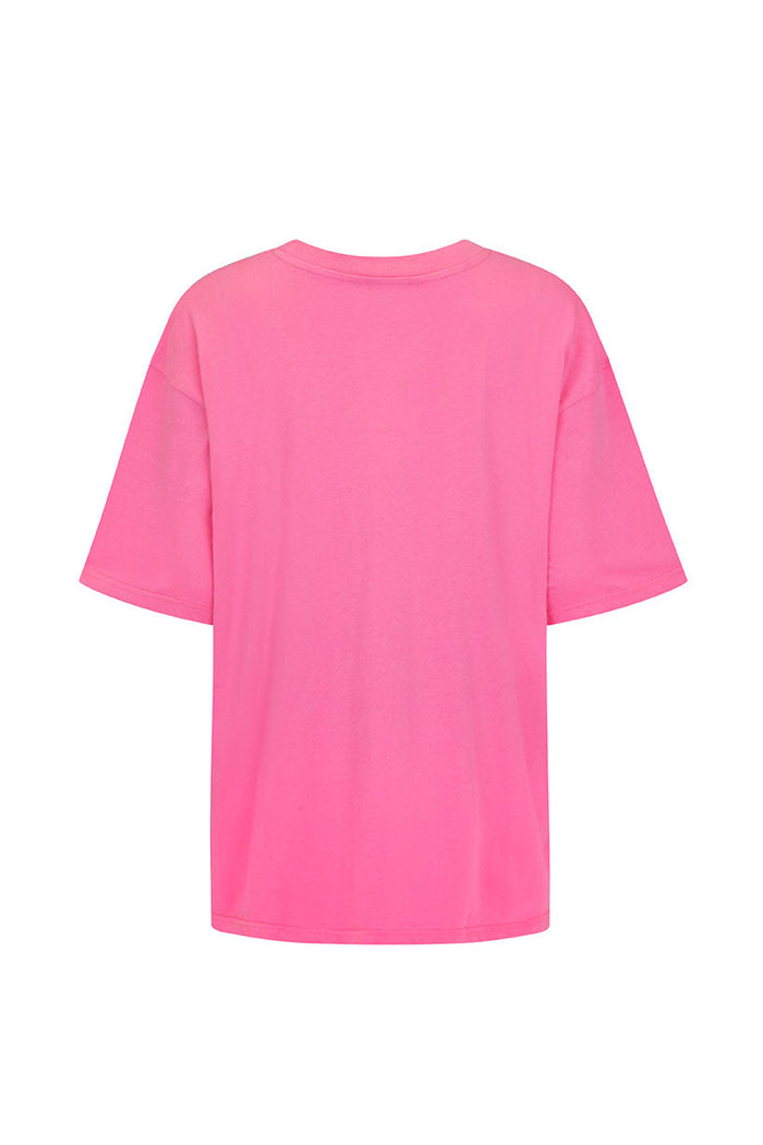 Back view of cosmos pink oversized t-shirt on white background, plain reverse with drop shoulders