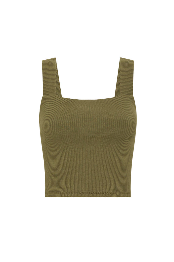The Mazzy Ribbed Top. The top comes in a khaki colourway and features a square neckline and thick straps.