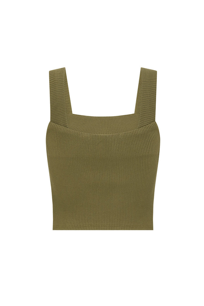 The Mazzy Ribbed Top. The top comes in a khaki colourway and features a square neckline and thick straps.