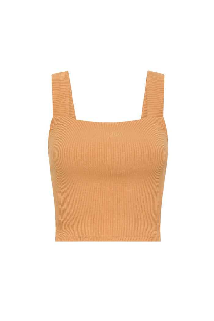 The Mazzy Ribbed Top. The top comes in an almond colourway and features a square neckline and thick straps.