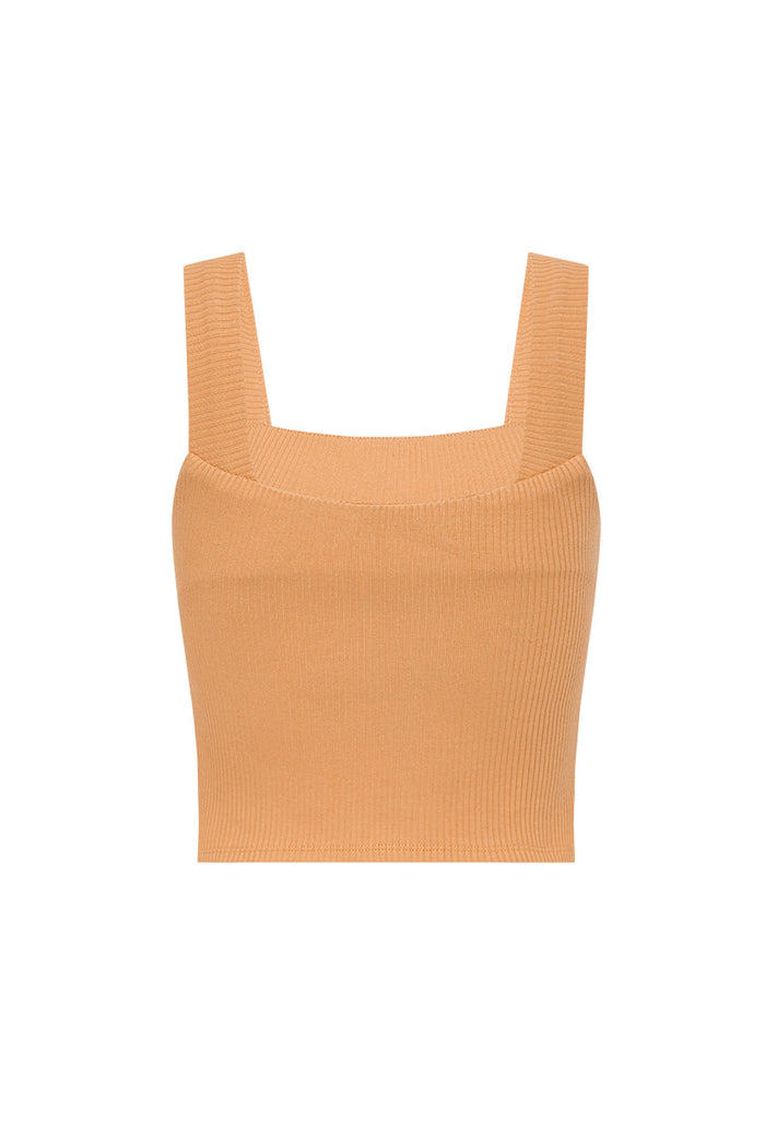 The Mazzy Ribbed Top. The top comes in an almond colourway and features a square neckline and thick straps.