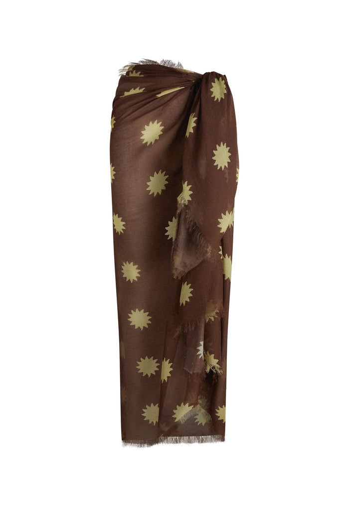Brown LENZING™ Modal travel scarf with golden sun print, knotted sarong style, frayed edges, white background