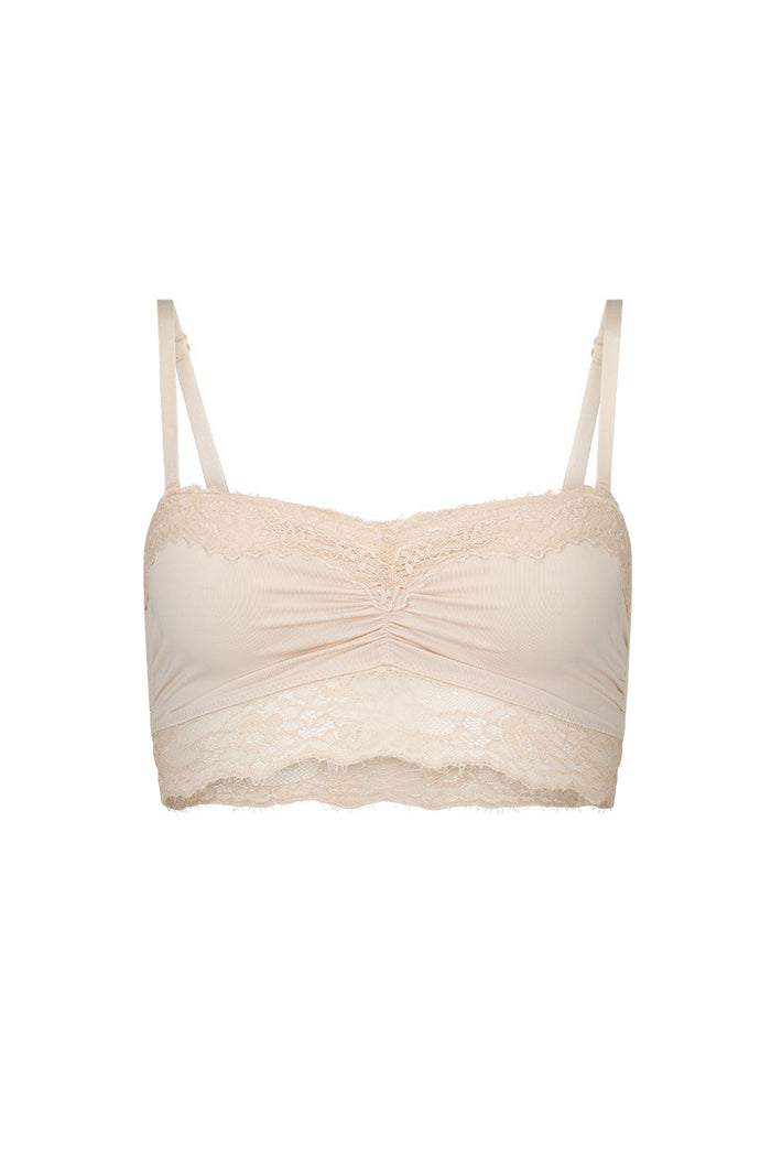 Melody Bandeau in Antique Creme, front flat lay showing lace border trim and ruched centre detail