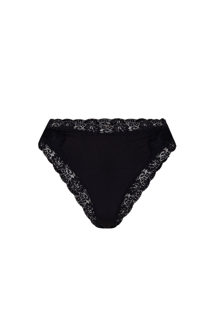 Melody Brief in Ink black, front view flat lay showing floral lace border trim on white background