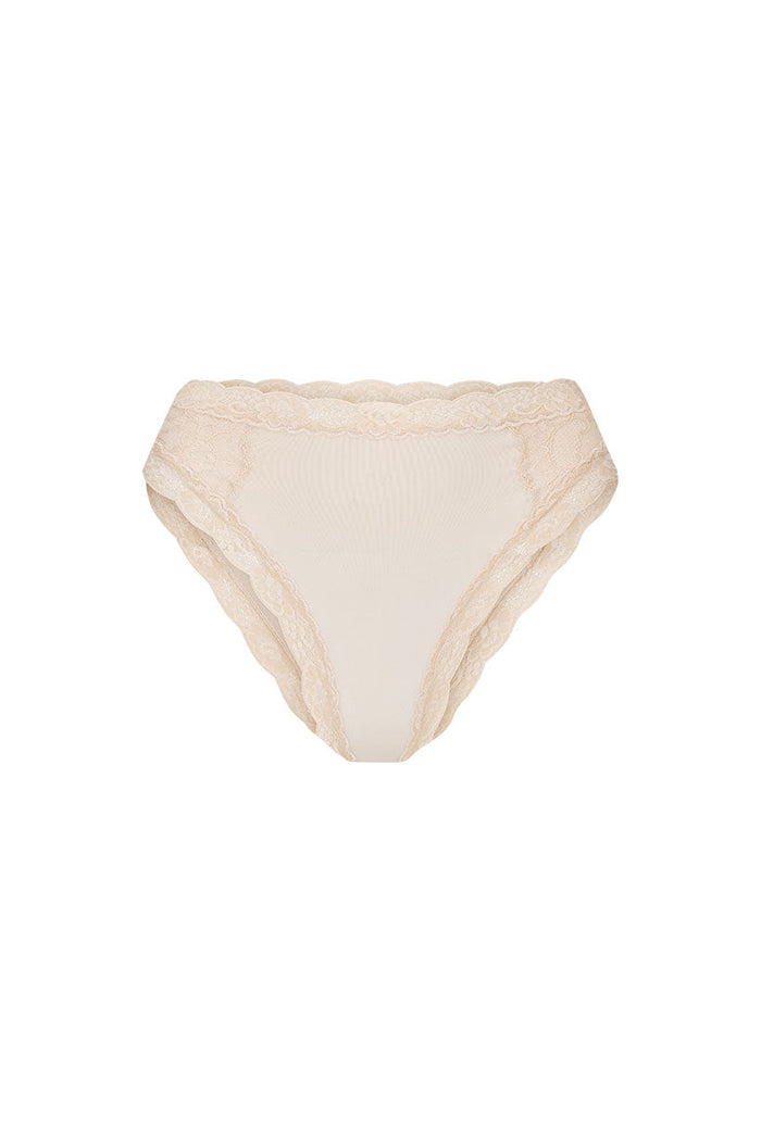 Melody Brief in Antique Creme, front view flat lay, scalloped lace border trim on white background