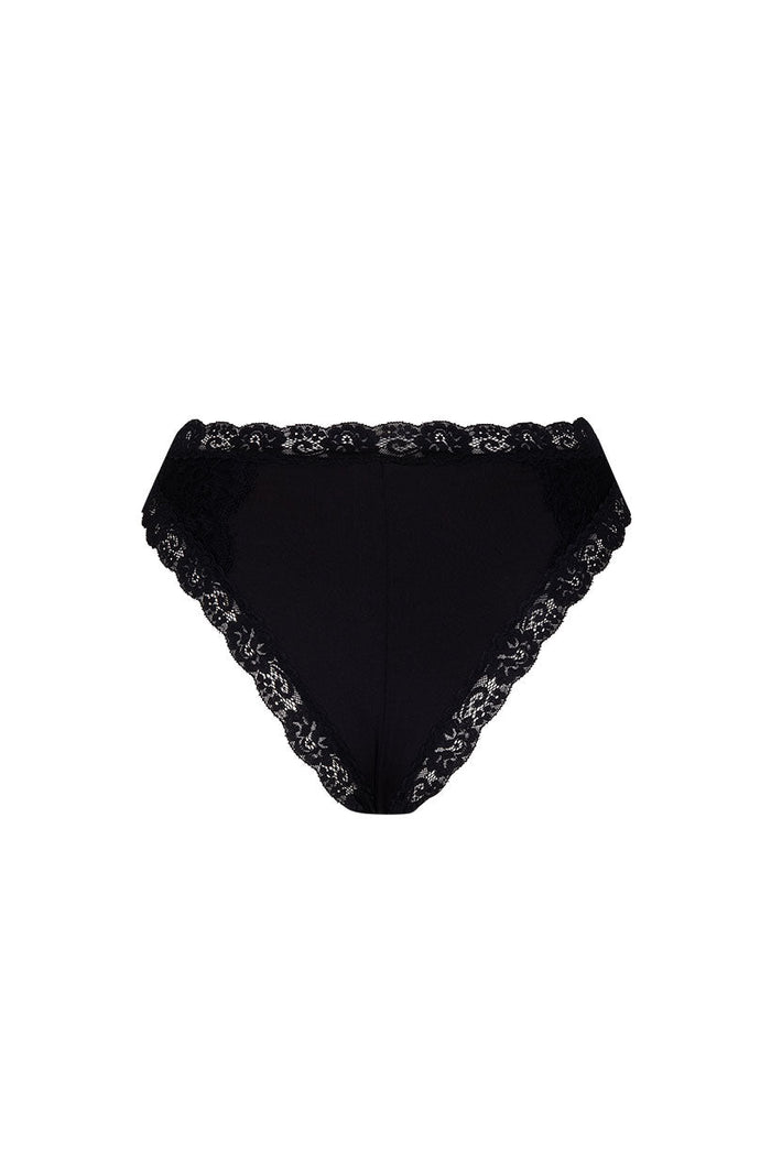 Melody Brief in Ink black, front view on white background, floral lace border along waistband and leg edges