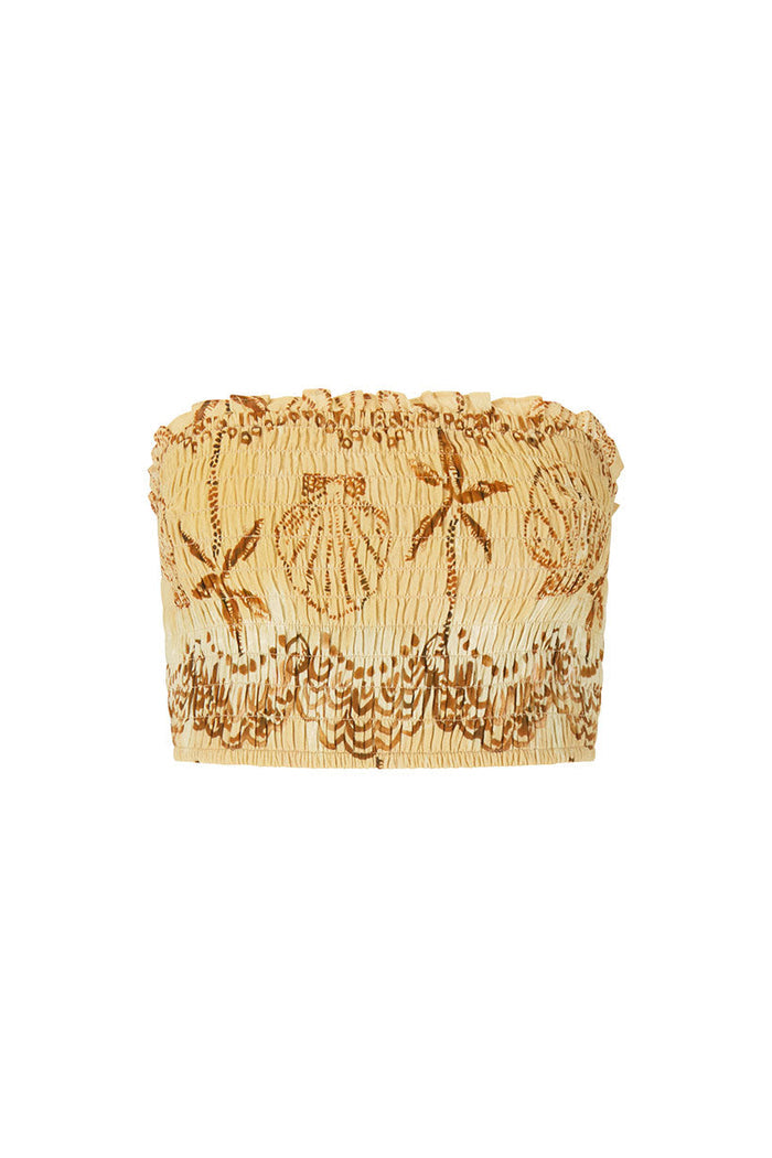Mermaid Cove Bandeau in Tan flat lay front view, shirred organic cotton with shell print on white background