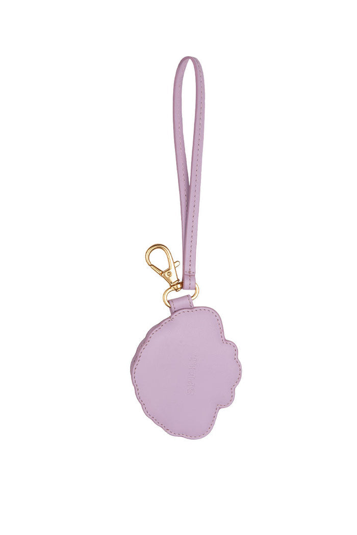 Back view of Mermaid Shell Leather Coin Purse in lilac with gold clasp hardware and wrist strap, white background