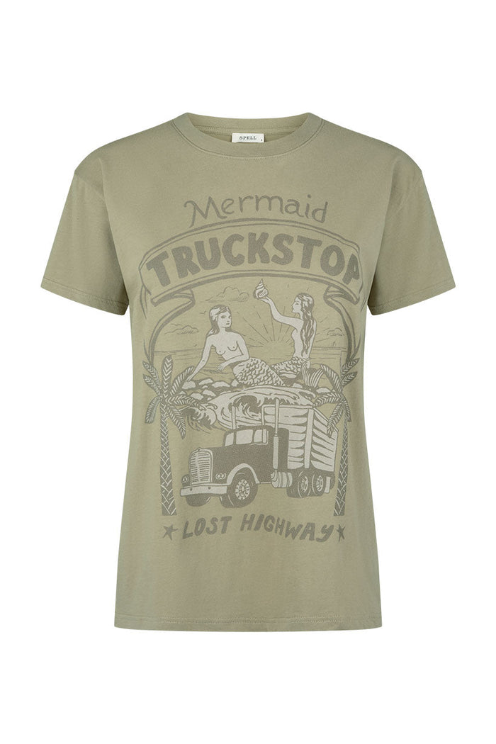 Flat lay front view of khaki slub cotton tee with Mermaid Truckstop Lost Highway graphic print