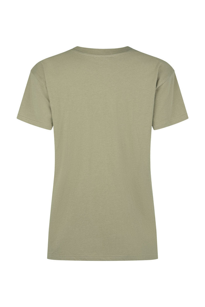 Back flat lay of khaki slub cotton Mermaid Truckstop Biker Tee showing clean back view on white background