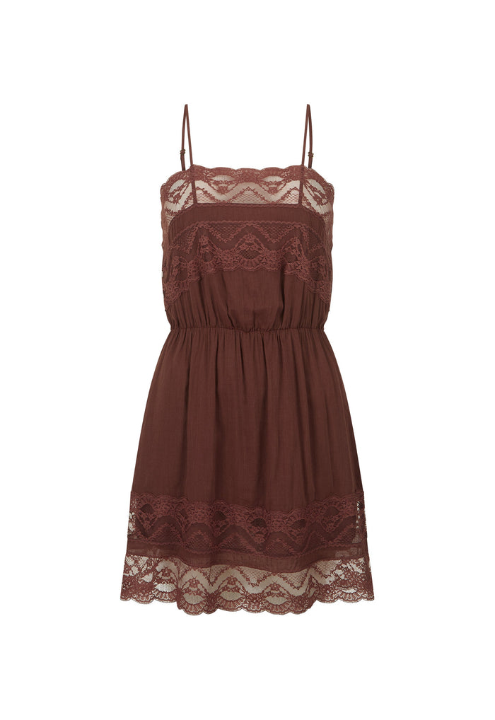 A brown spaghetti-strap mini dress with lace trim at the chest, waist, and hem, shown against a plain white background.