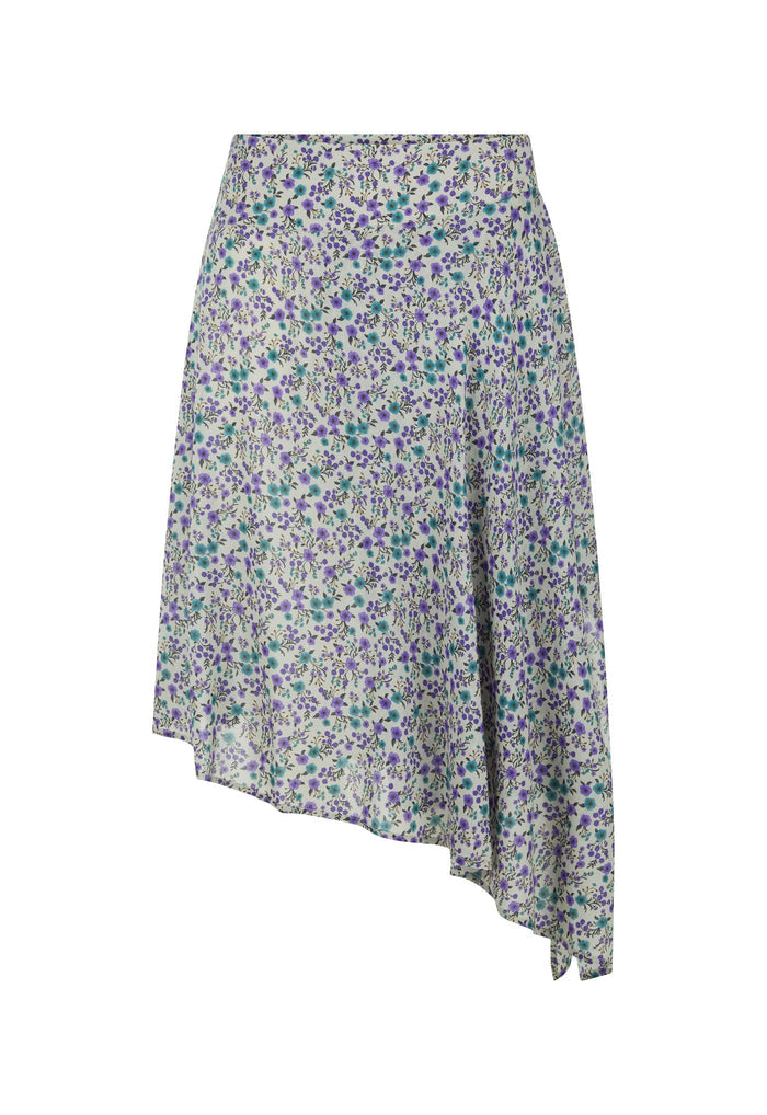 Back flat lay of Violet Fields floral asymmetric midi skirt on white, showing waterfall hem and allover ditsy print