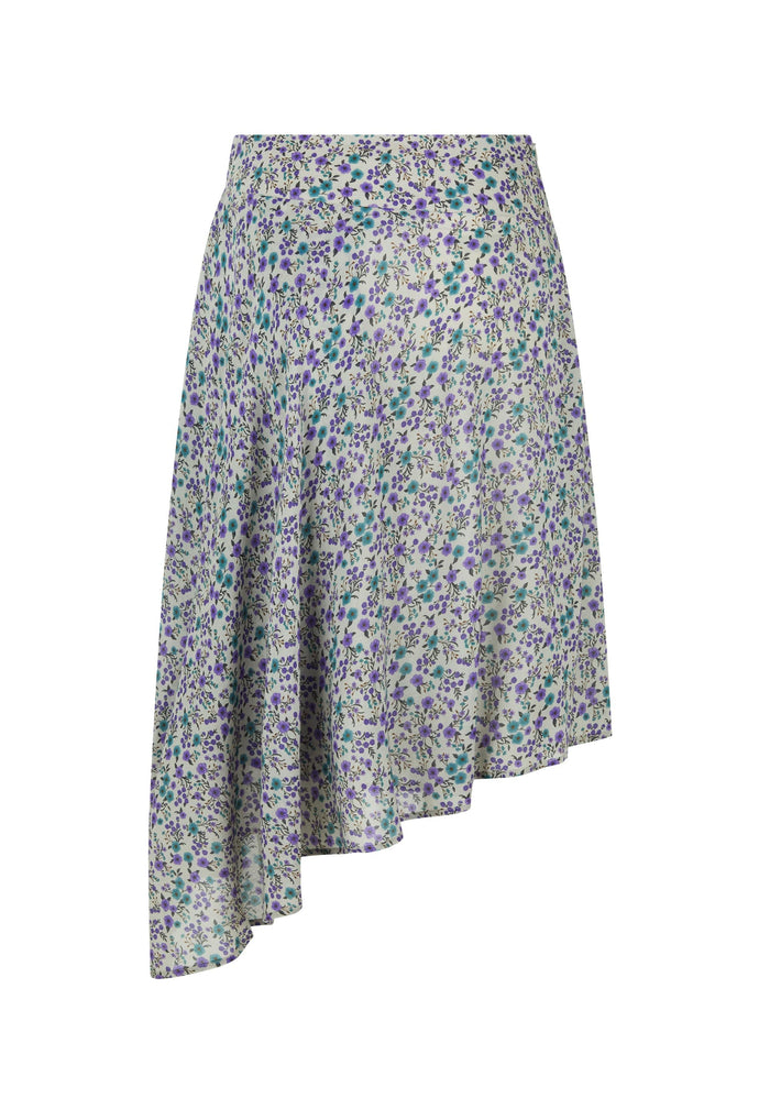 Violet Fields floral print asymmetric midi skirt, front flat lay showing waterfall hem detail on white background