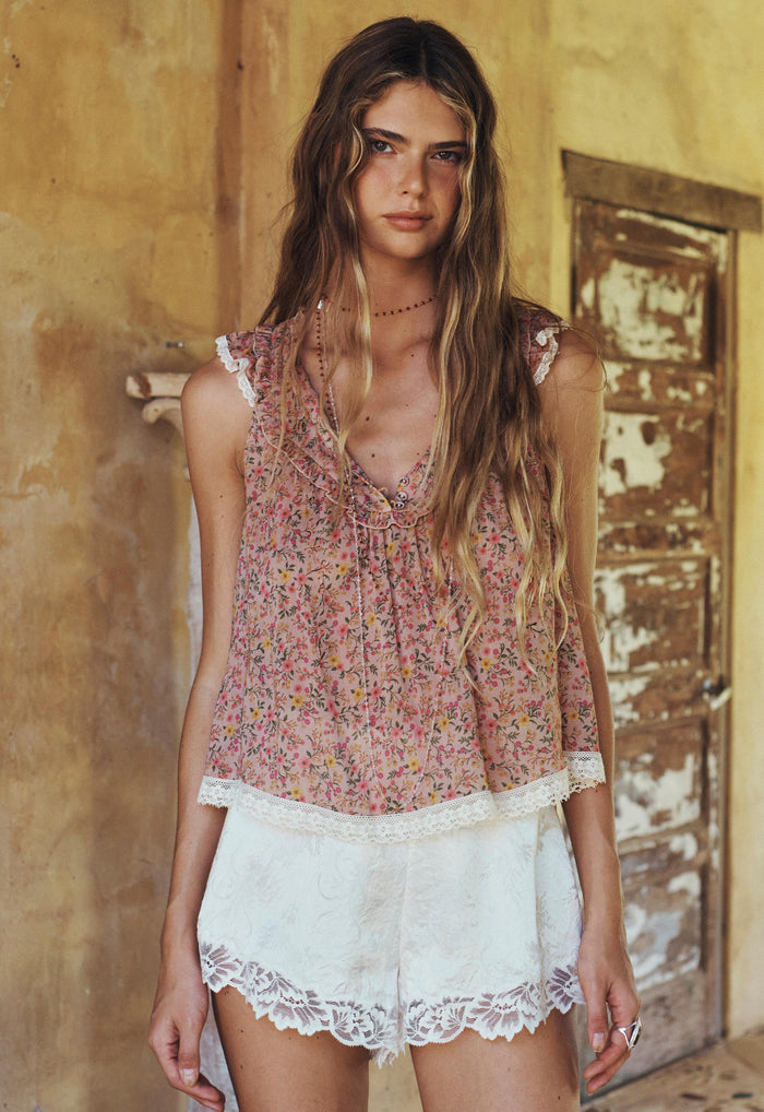 Mimi-Rose Boho Top in Pink Posey, front view flat lay showing lace trim hem and gathered frill armhole detail