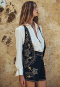 Spell women's Night Sky Vest in Midnight, black organic cotton blend with gold star embellishments