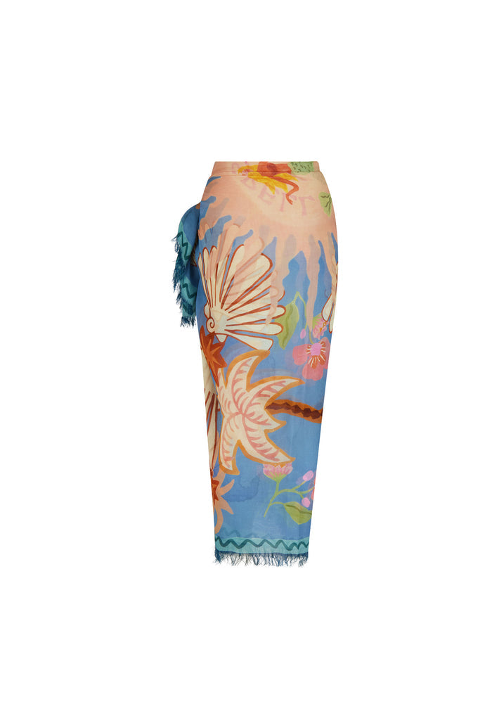 Oceana Travel Scarf flat lay, back view, sea blue floral Modal with frayed hem and ric-rac trim detail