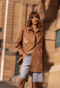 Spell women's Off Duty Shirt in Caramel Cafe organic cotton stripe with moon applique, oversized fit