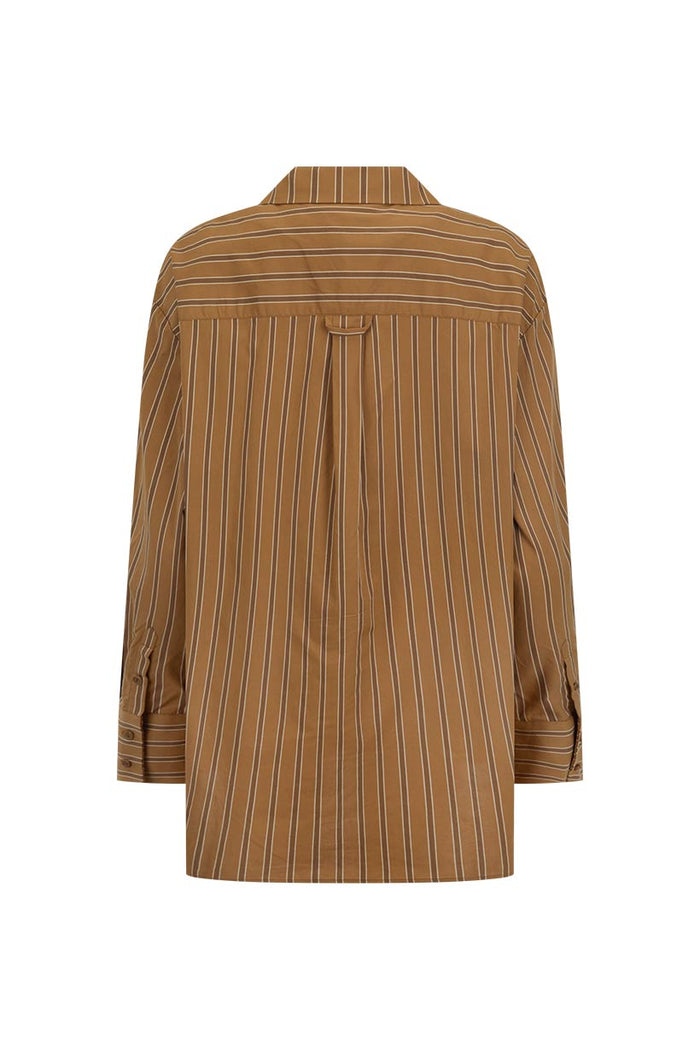 Back flat lay of caramel stripe organic cotton shirt showing yoke seam, centre pleat and button-cuff sleeves