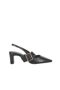 Black slingback shoe with a gold buckle on a white background