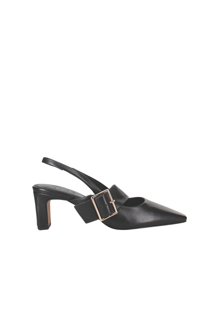 Black slingback shoe with a gold buckle on a white background