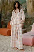 Spell women's Patti Pant in Golden Haze pink yarn dyed check wide-leg pants with elastic waist
