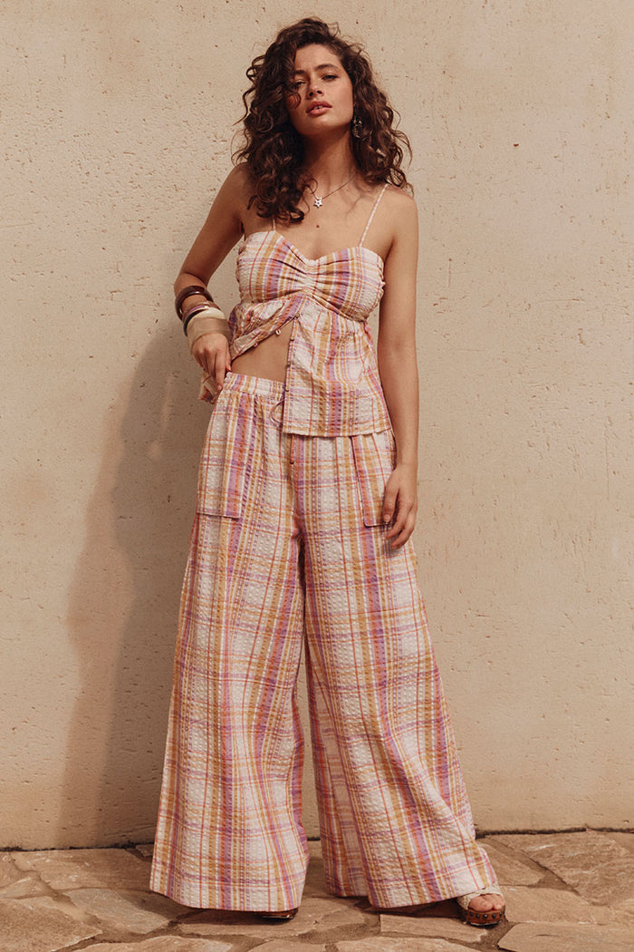 Front view of Patti Pant in Golden Haze, wide-leg yarn dyed check with elastic waist and drawstring tie
