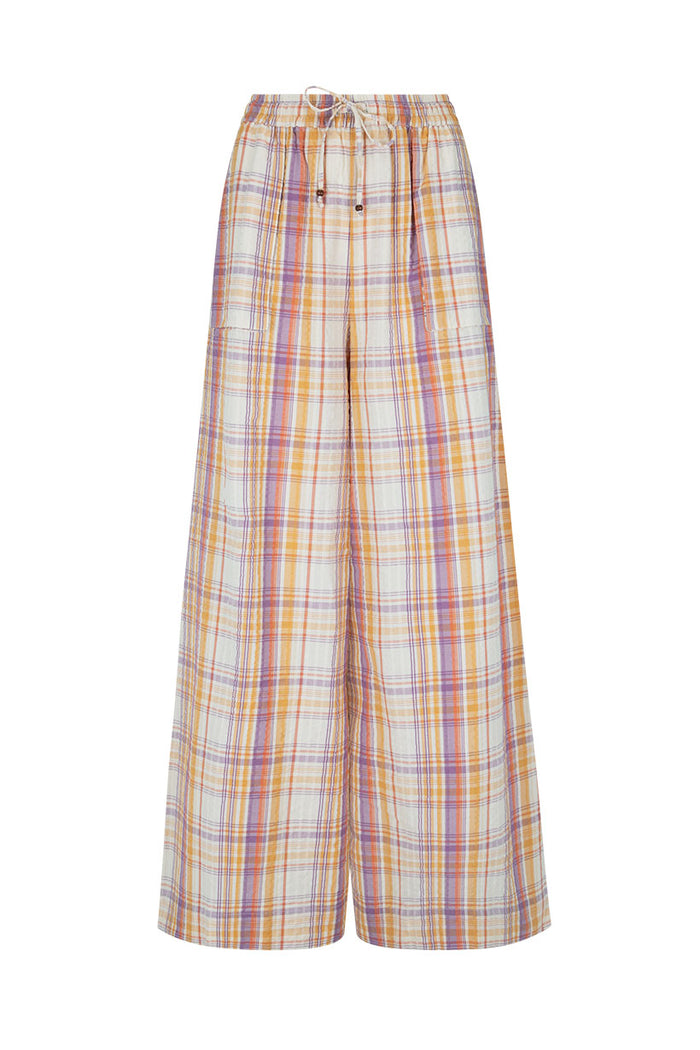 Patti Pant in Golden Haze, front view flat lay, wide-leg yarn dyed check with elastic drawstring waist