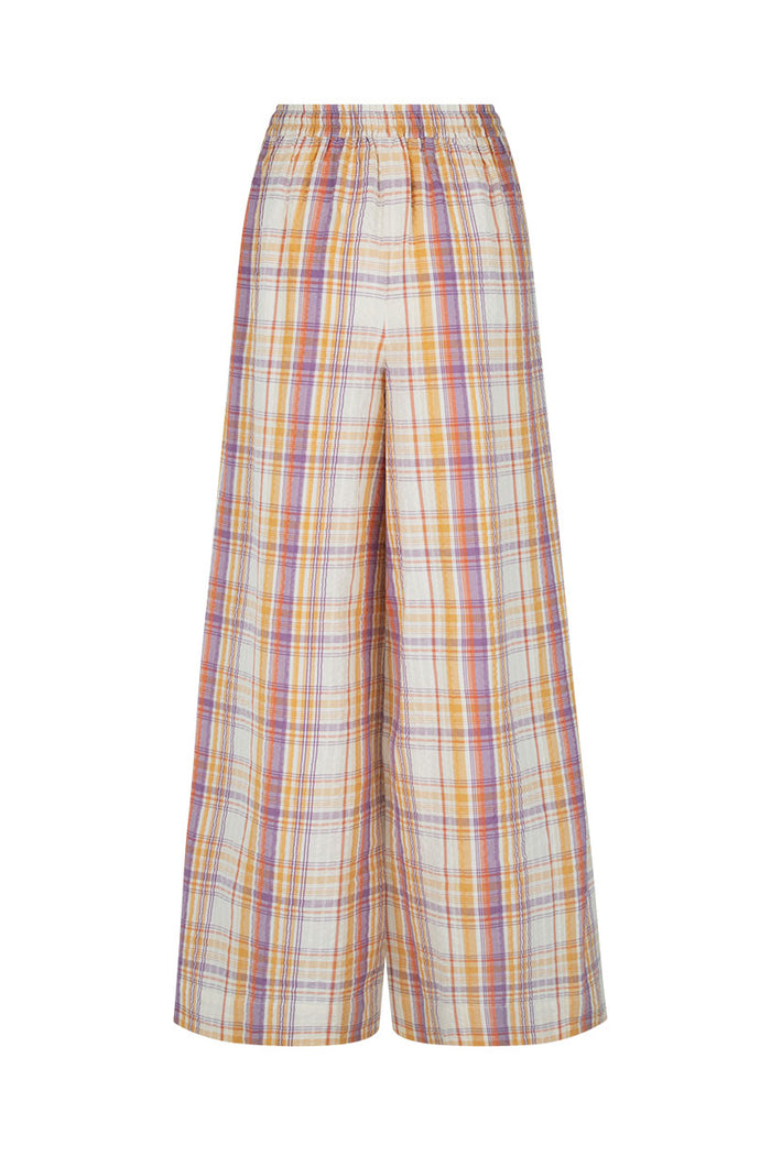 Back view flat lay of Patti Pant in Golden Haze check, showing elastic waist and wide-leg silhouette