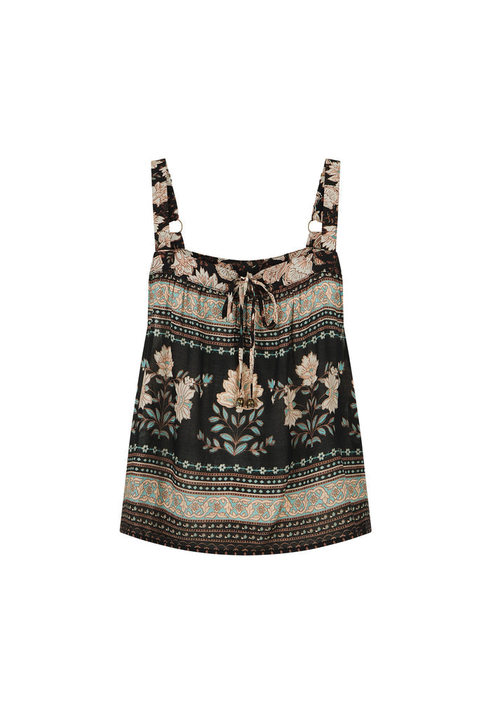 A sleeveless tie-front top with a black base and a beige floral and geometric pattern, shown against a plain white background.