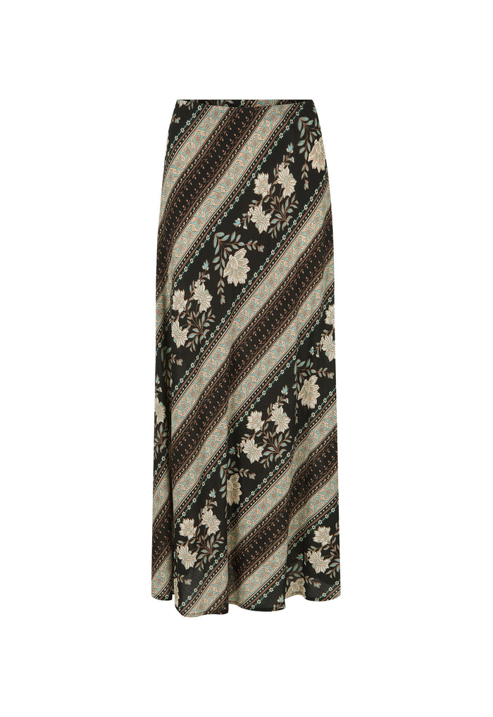 A midi-length skirt with a diagonal striped pattern featuring black, brown, beige, and cream floral motifs, shown against a plain white background.
