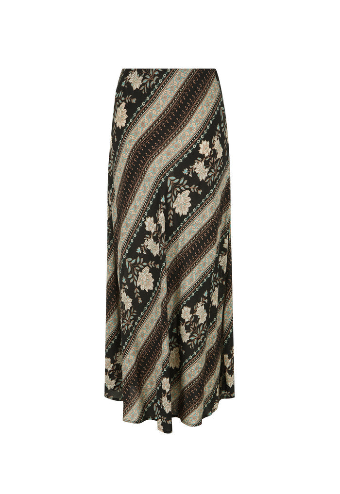 A long maxi skirt with a diagonal striped and floral pattern in black, beige, and brown, shown against a plain white background.
