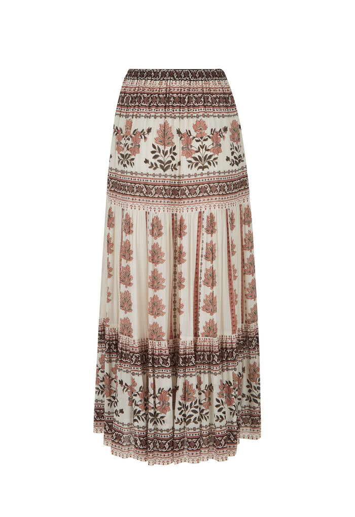 A bohemian-style pleated maxi skirt with a cream base and brown, terracotta, and black floral and geometric patterns, shown against a plain white background.