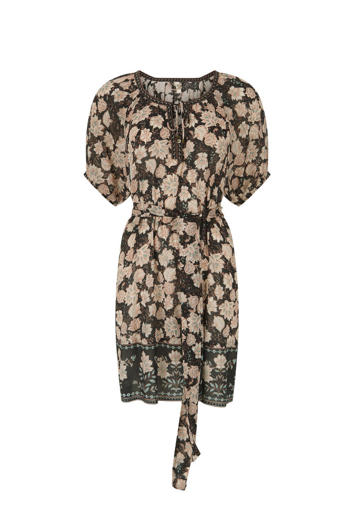 A short-sleeved floral dress with puff sleeves, a tie neckline, and a matching waist tie, featuring a beige and green floral pattern on a black background.