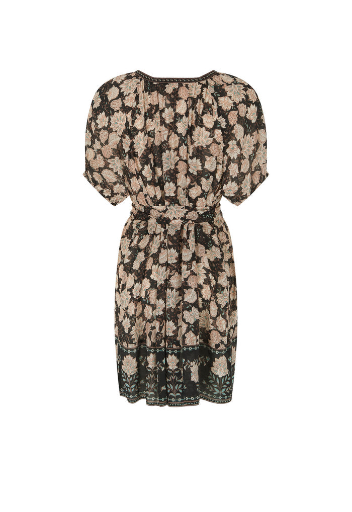 A short-sleeved knee-length dress with a dark brown and beige floral pattern, featuring a tie waist and a lace hem, shown against a plain white background.