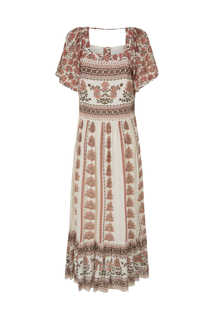 A bohemian-style midi dress with a square neckline, short puff sleeves, and an all-over floral block print in dusty rose and brown on an off-white background.