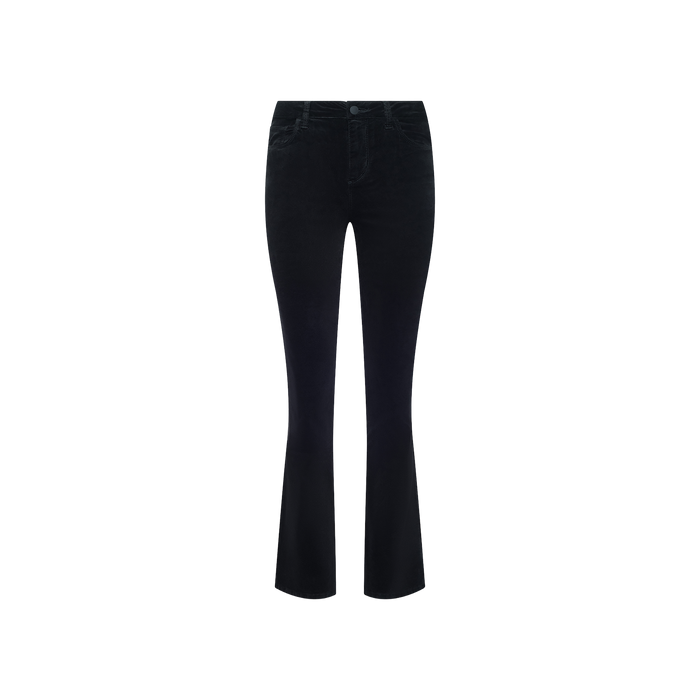 The Petite Stevie Velvet Jean in black, featuring a bootcut silhouette, is displayed on a plain white background.