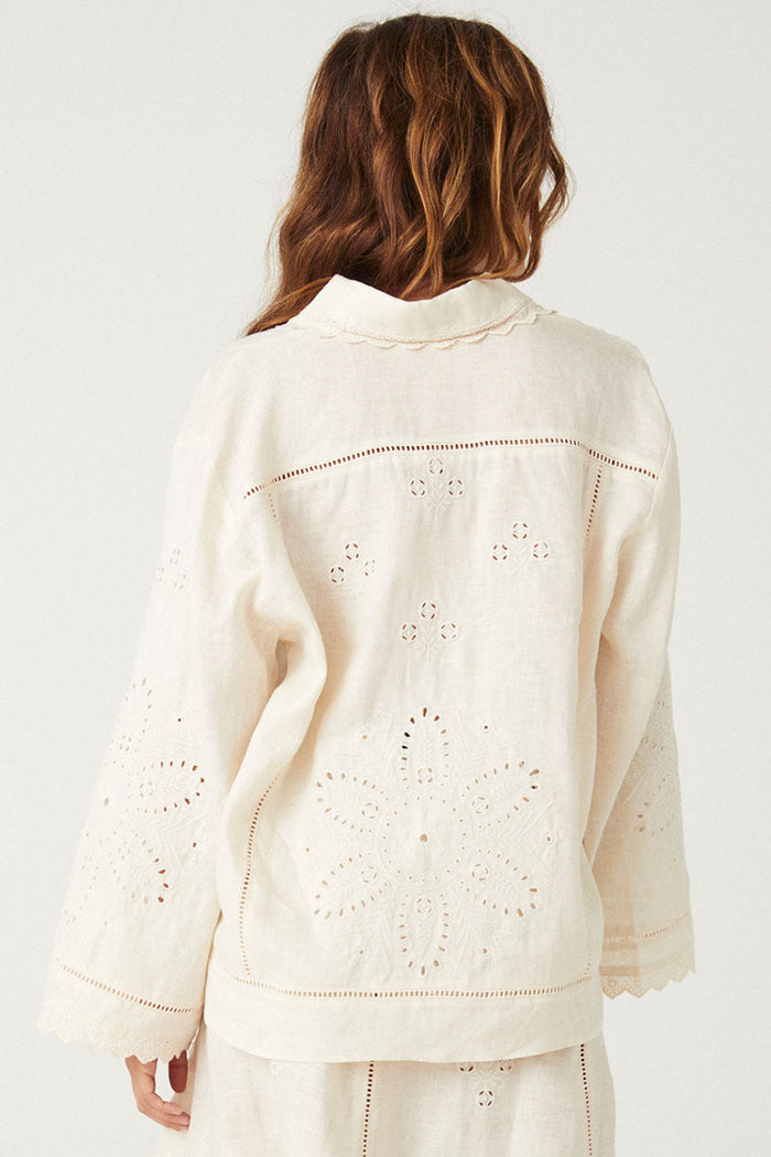 Back view of Pfeiffer Shirt showing broderie anglaise embroidery, scallop lace hem and ladder lace detailing