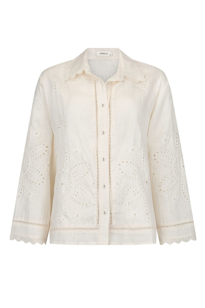 Pfeiffer Shirt in Antique Creme, front flat lay showing broderie embroidery, scallop lace hem and ladder lace placket
