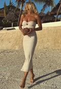 Spell women's Playa Midi Dress in White Sands cream ribbed strapless midi with gold shell hardware
