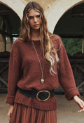 Spell women's Plum & Lucy Sweater in Cocoa, alpaca-wool knit with ribbed hem, worn by a model