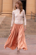 Spell women's Poison Peach Maxi Skirt in Rose, TENCEL lyocell, elastic waist, hi-lo frayed hem