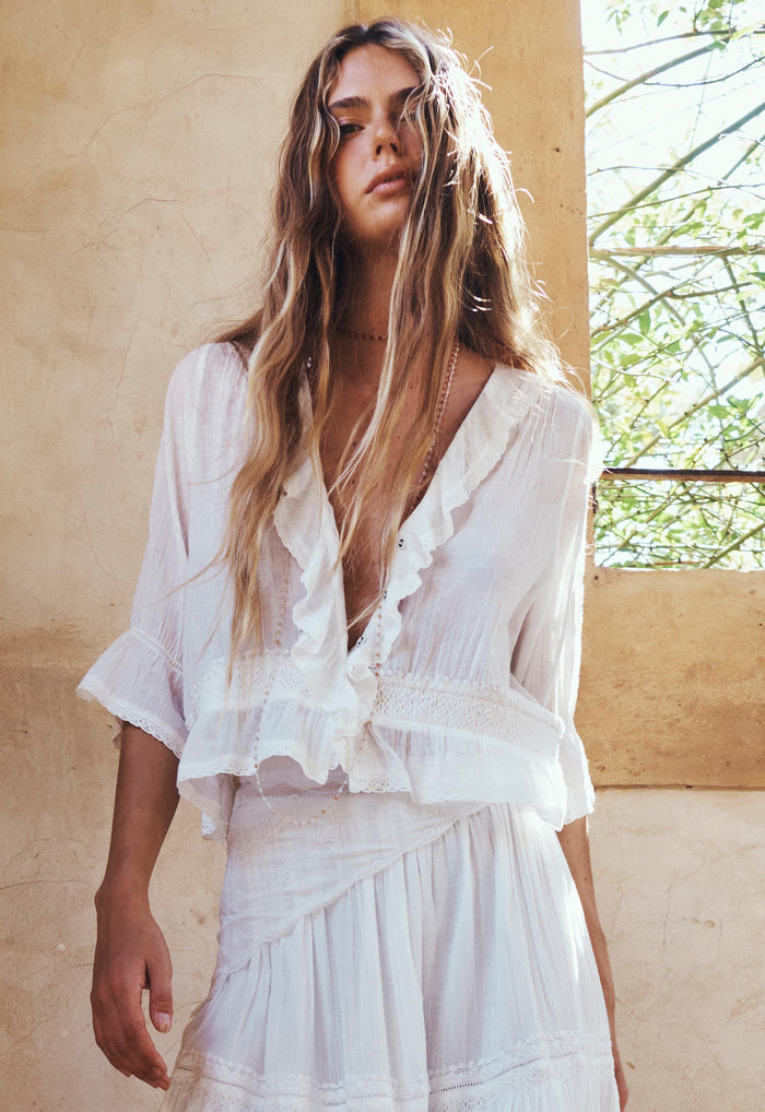 Spell women's Prairie Blouse in Whisper White organic cotton with ruffle neckline and lace trim detail