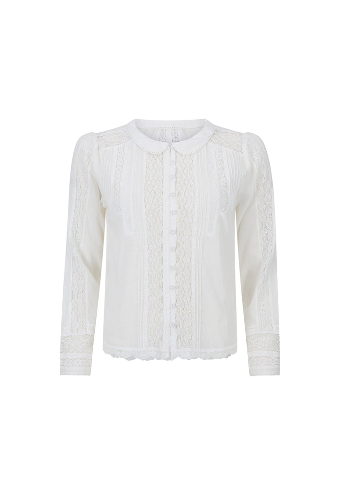 An off-white long-sleeve blouse with intricate lace and embroidery details, featuring a Peter Pan collar and a button-down front, shown against a plain white background.