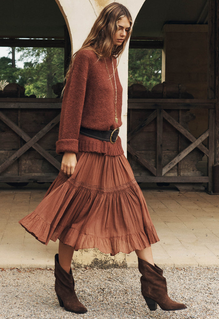 Spell women's Prairie Midi Skirt in Brownie organic cotton with tiered frill hem and custom embroidery detail