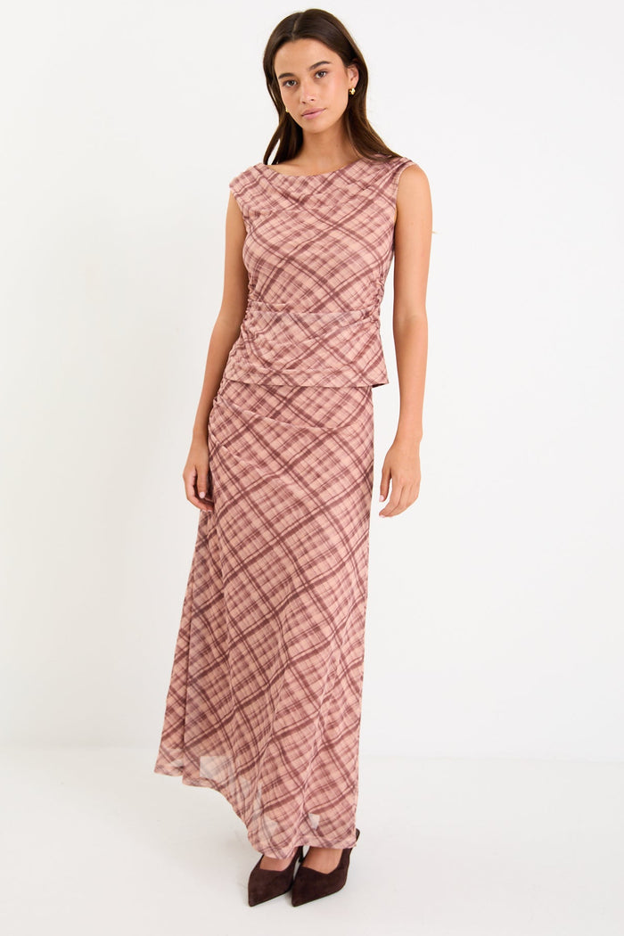 Quartette Blush Check Mesh Scoop Neck Top