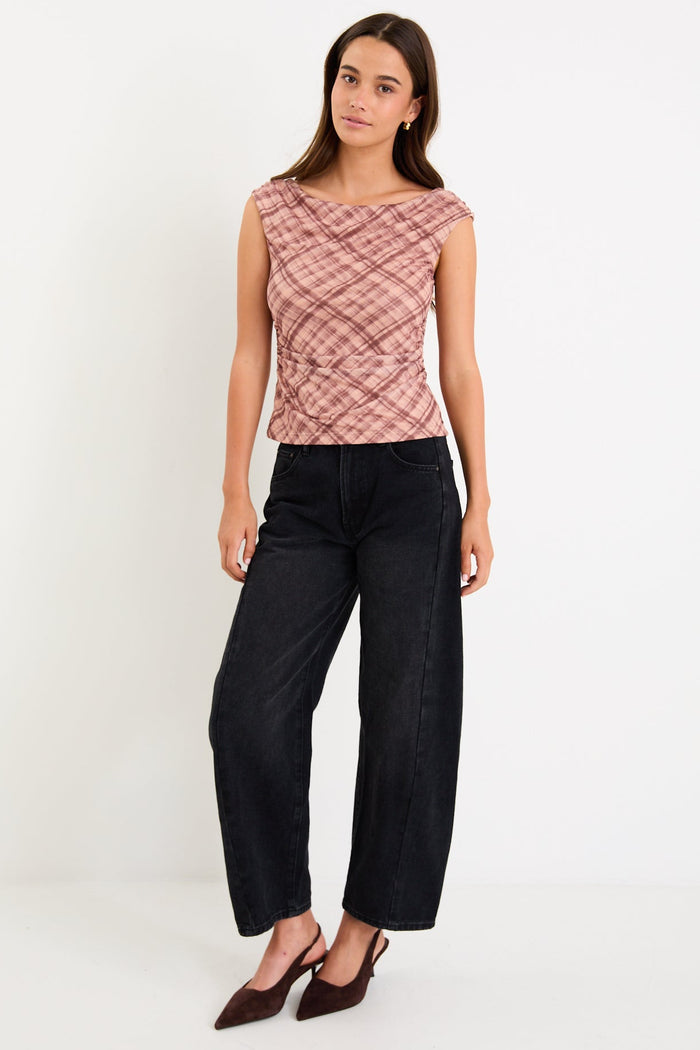 Quartette Blush Check Mesh Scoop Neck Top