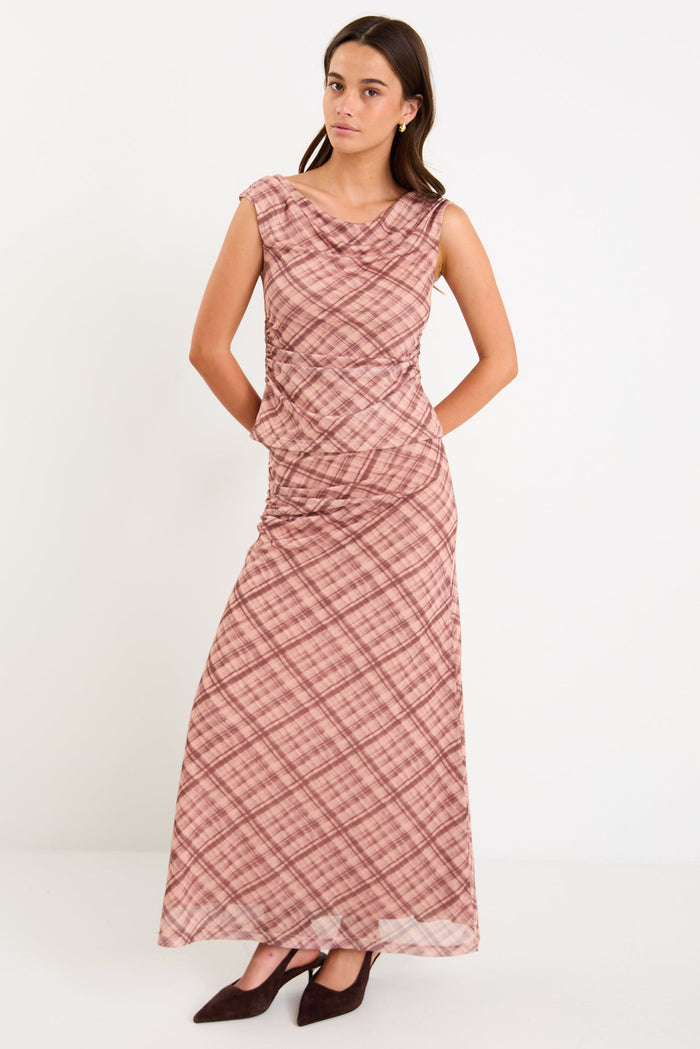 Quench Blush Check Mesh Maxi Skirt
