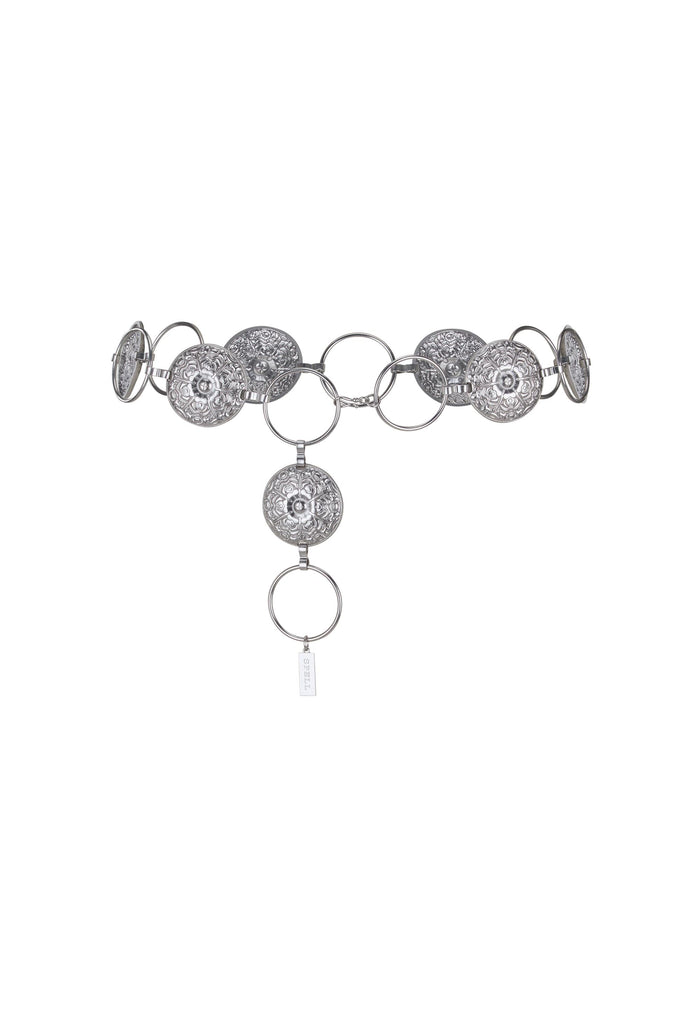 Rebel Road Belt in silver — engraved medallions and rings linked with Spell tab, flat lay front view